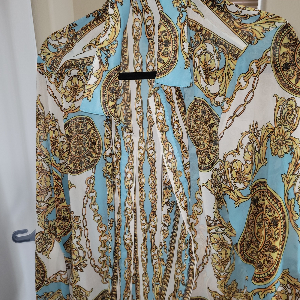 Fashion Nova Blue and Gold Baroque Blouse